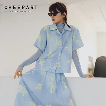 CHEERART Cer Albastru de Vara Tricouri Femei Bluze Short Sleeve Button Up Shirt Designer Topuri Și Bluze de Moda de Îmbrăcăminte 2020