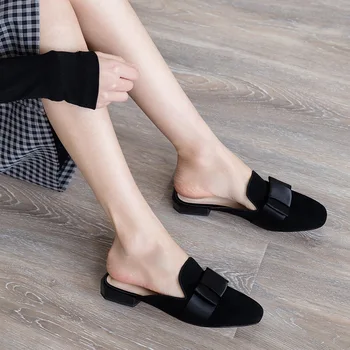 Donna-la Femei Catâri Alunecare pe Pantofi Piele naturala Fashion Papuci Sandale de Vară Square Toe Slide-uri Elegante Arc Doamnelor Pantofi