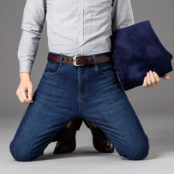 SHAN BAO Clasic Insigna Bărbați Montate Direct Denim Jeans Fleece Gros de Iarna Cald de Lux de Înaltă Calitate de Brand Blugi Talie Mare