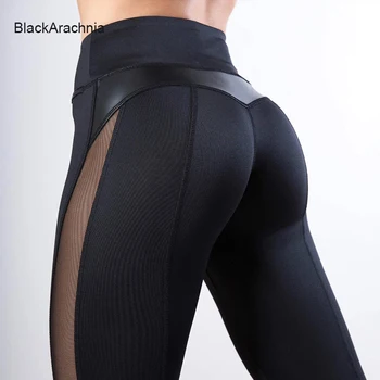 BlackArachnia de Moda din Piele PU Jambiere Mozaic ochiurilor de Plasă Sexy Femei Sală de Fitness Antrenament Jambiere Negru Solid Sport Pantaloni de Yoga
