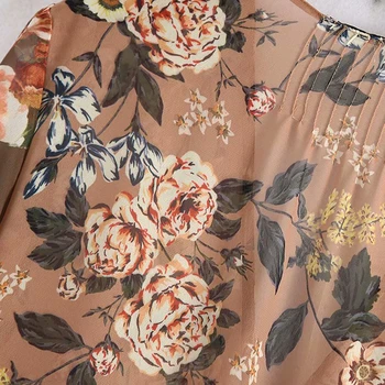 TRAF Femei de Epocă Elegant Florale de Imprimare Șifon Rochie Midi V Gatului Maneca Lunga Vedea Prin Chic Rochii pentru Femei Vestidos Mujer