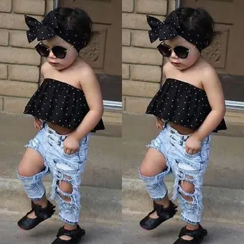 Pudcoco Noua Moda Copilul Copil Fete Bluza Neagra Gaura De Sus Casual Pantaloni Din Denim Haine Set Gaura Gât, Pe Umăr Cald