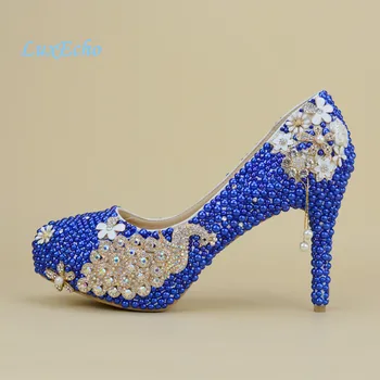 New sosire Păun Royal Blue pearl diamante pantofi Femei Petrecere/Nunta Pompe de Înaltă pantofi de Moda stras Mireasa pantofi femei
