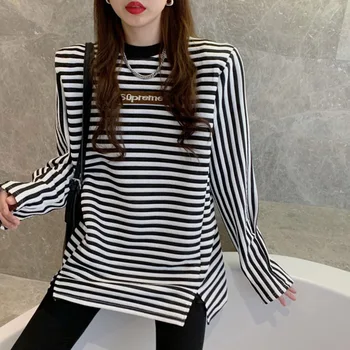 Casual Coreeană De Moda T-Shirt De Primavara Toamna Noua Popular Simplu Pierde Fierbinte De Vânzare De Gros Subțire Split Gât Rotund Maneca Lunga