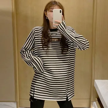 Casual Coreeană De Moda T-Shirt De Primavara Toamna Noua Popular Simplu Pierde Fierbinte De Vânzare De Gros Subțire Split Gât Rotund Maneca Lunga