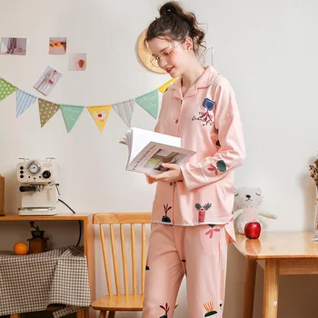 FENTENG Toamna Pijamale Pentru Femei de Moda de Bumbac Floral Imprimat Pijamale de Cauzalitate Rever Complet Maneca Pijamale Femei Set J98112398
