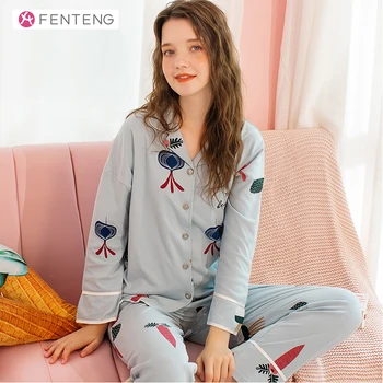 FENTENG Toamna Pijamale Pentru Femei de Moda de Bumbac Floral Imprimat Pijamale de Cauzalitate Rever Complet Maneca Pijamale Femei Set J98112398