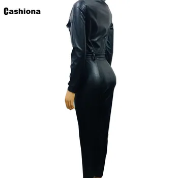 Sexy PU Salopeta Femei Salopete 2020 stil European și American Maneci Lungi Skinny Costume din Piele Faux Negru Buton Salopetă