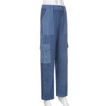 Streetwear Mozaic Albastru Blugi Femei 2020 Toamna Talie Mare, Lung și Drept Cargo Pantaloni Denim Y2K Pantaloni Femei Harajuku Codrin
