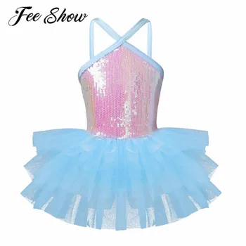 FEESHOW Copii Drăguț fără Mâneci Căpăstru Paiete Plasă de Fete de Balet Costume de Dans Uzura Gimnastica Tricou Etapă Balerina Rochie Tutu