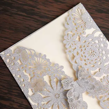 Wishmade Sclipici Argintiu Tăiat cu Laser, Invitatii de Nunta Carduri cu Fluture Dantelă Floare de Design pentru Petrecerea de Ziua Favoruri 50 BUC