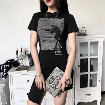 Vara Punk Neregulate Mini Negru Rochii Femei Gotic Imprimare Mozaic Bodycon Rochie De Sex Feminin Casual Slim Rochie De Epocă