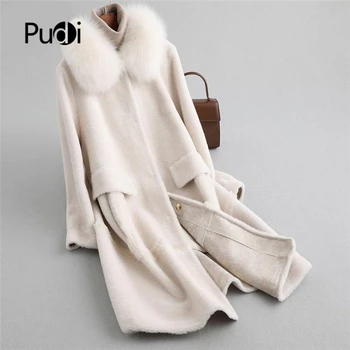 PUDI A19034 doamna real lână haină de blană sacou cu real blană de vulpe guler de peste dimensiunea hanorac femei cald iarna originale haine de blana șanț