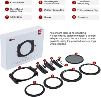 Kase K9 Slim 100mm Suport de Filtru Kit cu Suport + 90 mm Magnetice Filtru CPL + 67mm 72mm 77mm 82mm Adaptoare