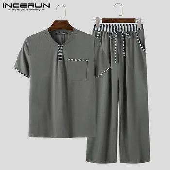 INCERUN Mozaic Bărbați Seturi de Homewear Short Sleeve V Neck T Shirt Pantaloni Culturism Antrenament Bărbați Costum Casual Pijamale Seturi S-5XL