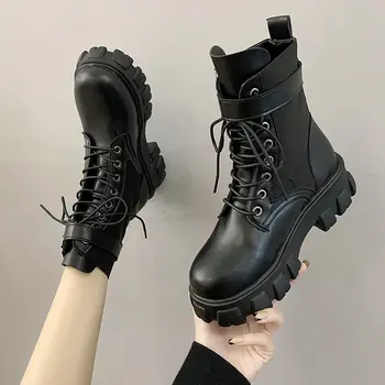 2020 Cizme de Iarna pentru Femei Negru Platformă de Luptă Glezna Cizme pentru Femei Dantelă Sus de Curea Cataramă Motocicleta Boot Black Cizme Goth Pantofi
