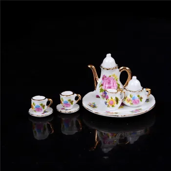 8Pcs/set 1:12 Bucatarie Capsuni Imprimare Vas de Porțelan Oală Tava Cesti Ceainic casă de Păpuși în Miniatură Mini Drăguț Cafea Set de Ceai