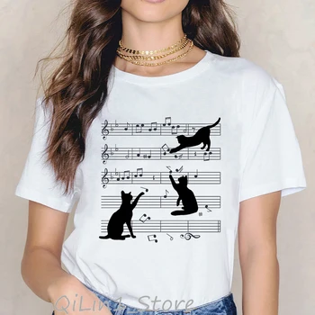 Noutatea Notă Muzicală Pisica Neagra cu animal Print tricou femei harajuku kawaii haine de vară top femei t-shirt tumblr grafic tees