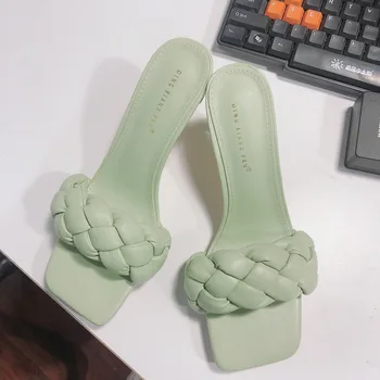 2020 Design Nou Țese Femei Papuc Femei Subțire Toc Înalt Sandale Deschise Toe Slip On De Vară În Aer Liber, Tobogane Flip Flop Pantofi