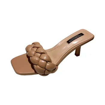 2020 Design Nou Țese Femei Papuc Femei Subțire Toc Înalt Sandale Deschise Toe Slip On De Vară În Aer Liber, Tobogane Flip Flop Pantofi