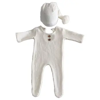 2 buc Nou-născut Recuzită Fotografie Costum Romper + Hat Set Maneca Lunga, Salopete Body Manual Tricot Tinuta de Îmbrăcăminte pentru Sugari DXAD
