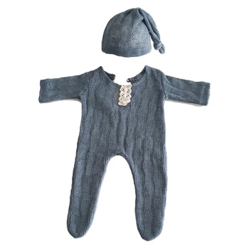 2 buc Nou-născut Recuzită Fotografie Costum Romper + Hat Set Maneca Lunga, Salopete Body Manual Tricot Tinuta de Îmbrăcăminte pentru Sugari DXAD