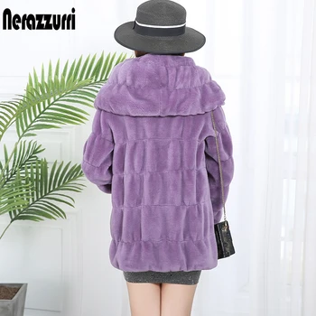 Nerazzurri iarnă adevărată haină de blană pentru femei cu gluga maneca lunga plisata din piele de miel real blana jacheta plus dimensiune lână de oaie haina de blana