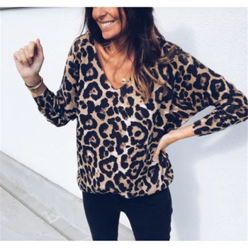 Moda Animal Leopard Imprimate Vrac Bluza Femei Sexy Cu Maneci Lungi V Gât Elastic Elegant Tricou Topuri