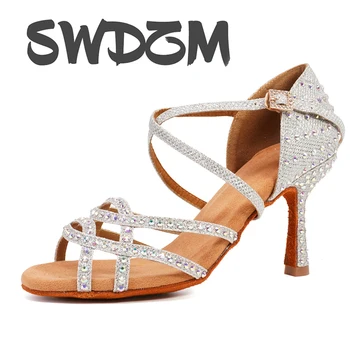 SWDZM stras latină pantofi de dans jazz, salsa dans pantofi pentru femei plus dimensiune vals, samba polul salsa vara sandale cu toc înalt