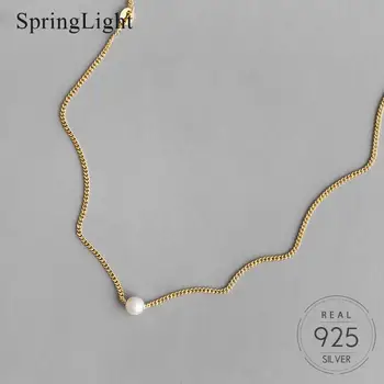 Springlight Aur de 18K de apă Dulce Pearl Clavicula Colier pentru Femei Reale 925 De Argint Pur, Unul Margele Simplu Cravată Nunta Bijoux