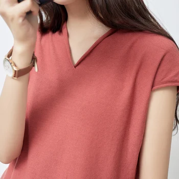 De bumbac Și Lenjerie de pat de Moda Simplu coreean Subțire Secțiunea V-gât cu mânecă Scurtă T-shirt Femei 2019 Liber Sălbatice Casual Culoare Solidă Topuri