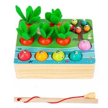 Copilul Montessori Prinde Worm Trage Morcov Joc de Educație Timpurie Senzoriale Jucărie din Lemn Magnetic Joc de Pescuit Jucărie pentru Copii Cadouri