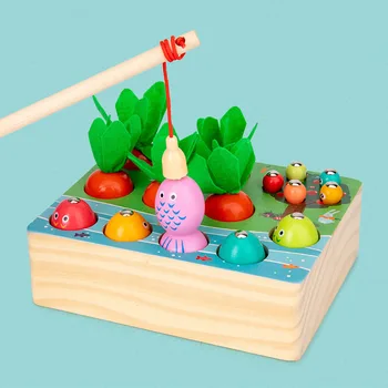 Copilul Montessori Prinde Worm Trage Morcov Joc de Educație Timpurie Senzoriale Jucărie din Lemn Magnetic Joc de Pescuit Jucărie pentru Copii Cadouri