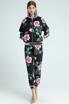 Moda toamna Nou de Înaltă Calitate de Partid de la locul de Muncă cu Fermoar Jacheta Sacou Casual Pantaloni Chic Rose Print Elegant pentru Femei Seturi