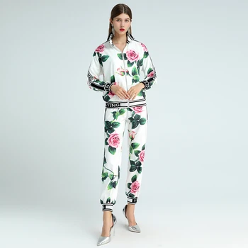 Moda toamna Nou de Înaltă Calitate de Partid de la locul de Muncă cu Fermoar Jacheta Sacou Casual Pantaloni Chic Rose Print Elegant pentru Femei Seturi