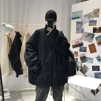 2020 Bărbați Largă Bombardier Streetwear Sacou Maneca Lunga Student Haine Largi Rever Guler Îmbrăcăminte exterioară Negru/Caise Culoare Canadiană