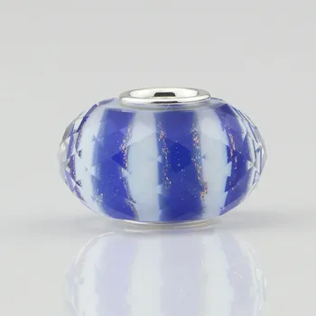 925 Sterling Silver Blue Stripe Rotund din Sticlă de Murano Farmecul Șirag de mărgele Pentru a se Potrivi Europene Original Brățară Colier de Bijuterii DIY Makings