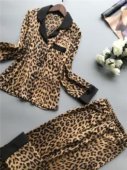 Daeyard Moda Leopard Somn Lounge Femei Pijamale de Mătase Seturi de Camasi cu Maneci Lungi Si Pantaloni 2 BUC Pijamale Pijamale Haine de Acasă