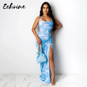 2020 Fără Mâneci Tie Dye Print Ruched Bandaj Fantă Sexy Rochie Maxi De Vară, De Toamnă De Moda Pentru Femei Albastru Roz Streetwear Sundress