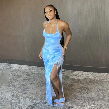 2020 Fără Mâneci Tie Dye Print Ruched Bandaj Fantă Sexy Rochie Maxi De Vară, De Toamnă De Moda Pentru Femei Albastru Roz Streetwear Sundress