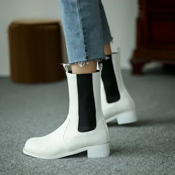 Stil britanic femei pantofi tub de Fum cizme bloc mijlocul tocuri aluneca pe vițel cizme de iarna de pluș Chelsea cizme 2020 plus dimensiune 45 46