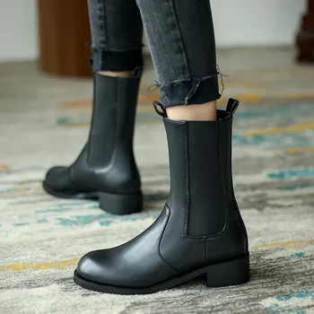 Stil britanic femei pantofi tub de Fum cizme bloc mijlocul tocuri aluneca pe vițel cizme de iarna de pluș Chelsea cizme 2020 plus dimensiune 45 46