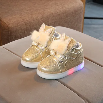 2021 Primavara toamna pentru copii pantofi LED Copii de iluminat fete strălucire perla pantofi de Printesa bunny blana Luminos adidași XZ20037