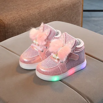 2021 Primavara toamna pentru copii pantofi LED Copii de iluminat fete strălucire perla pantofi de Printesa bunny blana Luminos adidași XZ20037
