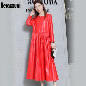 Nerazzurrri pu piele femei rochie rosu gri negru plus dimensiune rochie 5xl 6xl 7xl maneca lunga elegante plisată maxi rochie de toamna 2019
