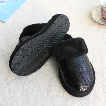 Noi de Iarna Negru cu Paiete Femei Papuci de Blană de Pluș Cald Feminin Diapozitive Interioară EVA Plat Diapozitive Acasă Flip Iarna Pantofi Slip-on