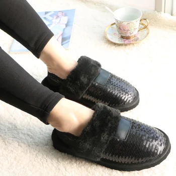 Noi de Iarna Negru cu Paiete Femei Papuci de Blană de Pluș Cald Feminin Diapozitive Interioară EVA Plat Diapozitive Acasă Flip Iarna Pantofi Slip-on