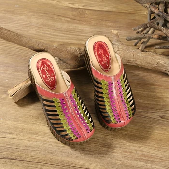 2019 Vara Platforma Pene De Diapozitive Femeie Pantofi Cu Degetele De La Picioare Închise Gol Afară Manual Tocuri Groase Din Piele Pentru Femei Papuci