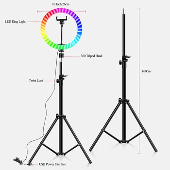 RGB LED-uri Colorate de Lumină Inel de 10 Inch 160CM Sta Curcubeu Ringlight USB Cu Telefonul Stand 16 Culori deschise Pentru transmisia Live Foto