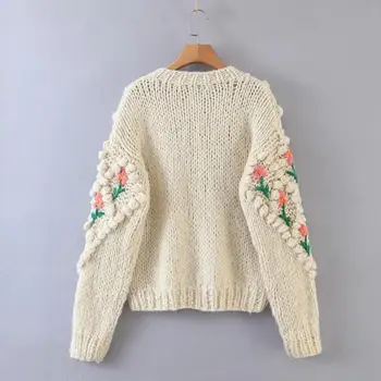 Femei florale realizate manual cardigan cald 2020 iarna moda doamnelor o-gât puff mâneci pulover vintage sex feminin stil preppy